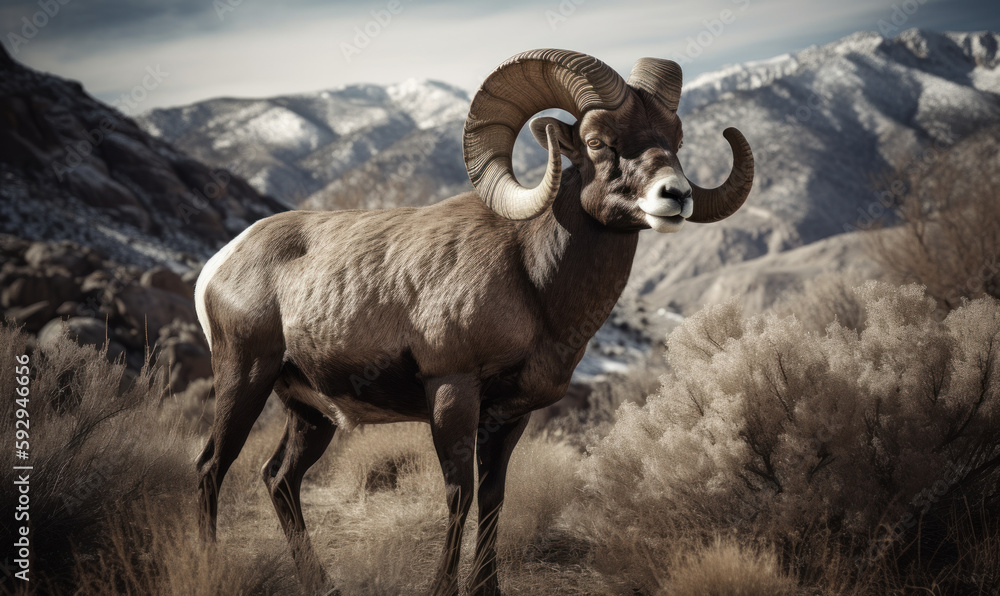 Obraz premium photo of Bighorn sheep in its natural habitat with rocky mountains in the background. Generative AI