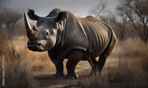 Black rhinoceros on African safari background. Generative AI