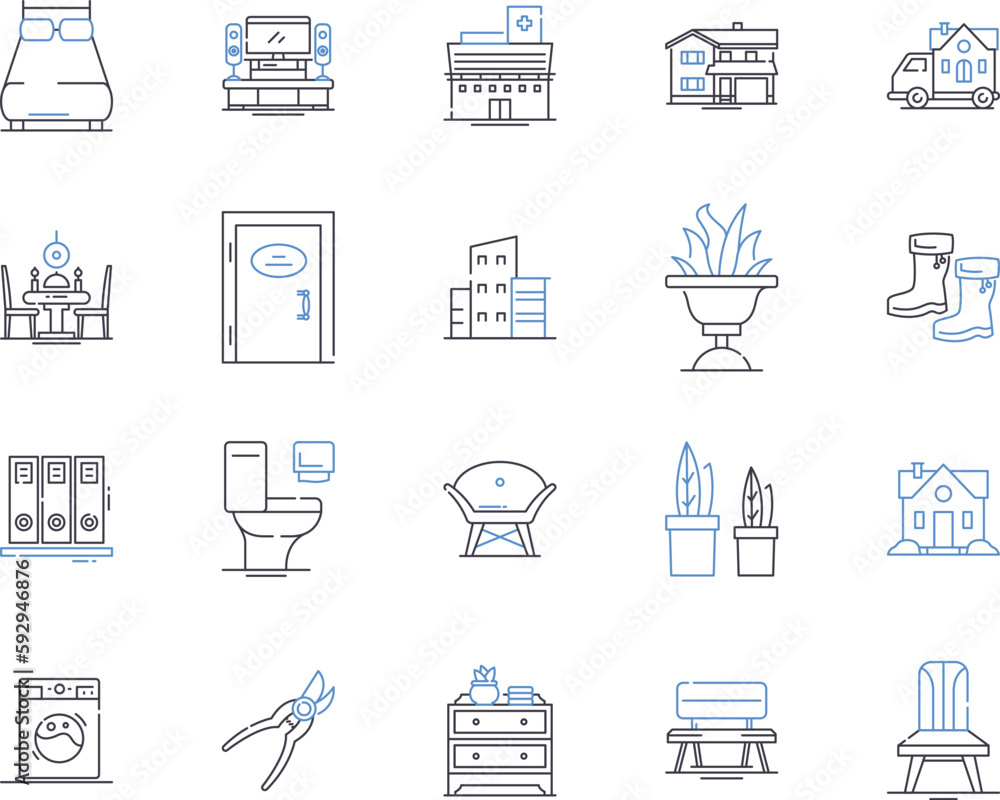 Home furniture outline icons collection. Sofa, Bed, Table, Chair, Couch, Mattress, Chest vector and illustration concept set. Wardrobe, Stool, Bookshelf linear signs Home furniture outline icons collection. Sofa, Bed, Table, Chair, Couch, Mattress, Chest vector and illustration concept set. Wardrobe, Stool, Bookshelf linear signs