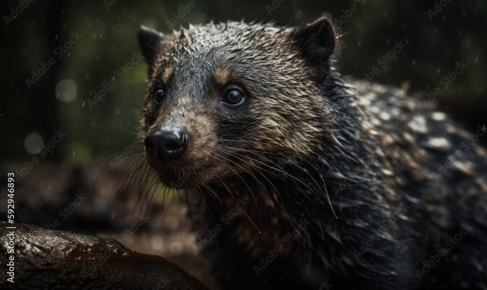 Binturong on blurry forest background during dusk. Generative AI Binturong on blurry forest background during dusk. Generative AI