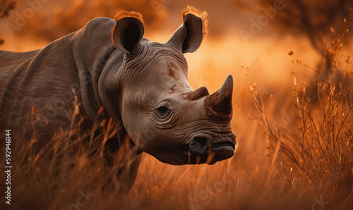 Photo of black rhinoceros grazing in the golden light of a savannah sunset. The majestic creature is captured in exquisite detail, with every fold and wrinkle of its tough skin visible. Generative AI
