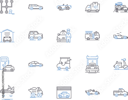Transport and logistic outline icons collection. Logistics, Shipping, Transport, Delivery, Cargo, Freight, Haulage vector and illustration concept set. Movement, Voyage, Cross-country linear signs