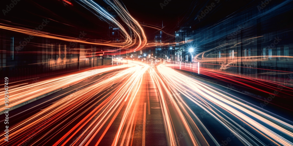 Langzeitbelichtung Straßenverkehr nachts mit Leuchtstreifen, generative AI Langzeitbelichtung Straßenverkehr nachts mit Leuchtstreifen, generative AI