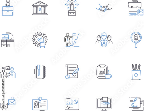 Business ethics outline icons collection. Integrity, Morality, Respect, Responsibility, Honesty, Fairness, Confidentiality vector and illustration concept set. Credibility, Trust, Values linear signs
