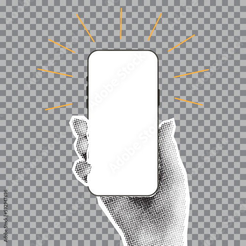 Template of phone in halftone hand. Vector illustration with hand holding phone with blank display isolated on checkered background. Paper cut out element for decoration of banners and posters.