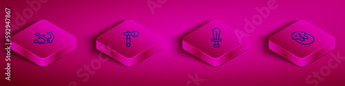 Set Isometric line Anchor, Wooden axe, Medieval sword and Viking head icon. Vector