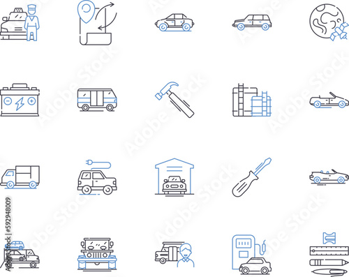 Transport and location outline icons collection. Transport, Location, Voyage, Journey, Shipping, Move, Express vector and illustration concept set. Trip, Haul, Relocate linear signs