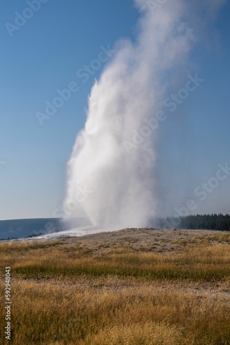 Vertical shot of the Old Faithful geyser erupting under a blue sky in Wyoming, United States. © Andrew Neevel/Wirestock Creators