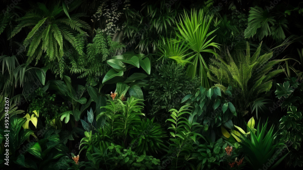 Vertical garden with tropical green leaf, contrast ai generated