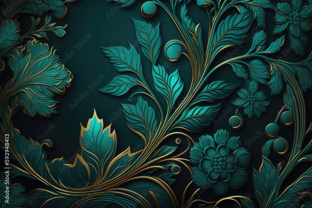 Blue background with gold and green floral ornament Blue background with gold and green floral ornament