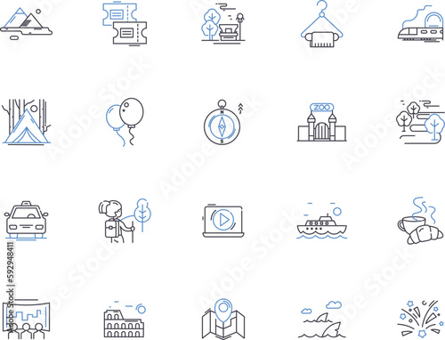 Outdoor leisure outline icons collection. Hiking, Camping, Climbing, Backpacking, Kayaking, Canoeing, Fishing vector and illustration concept set. Swimming, Skating, Surfing linear signs