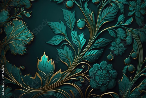 Blue background with gold and green floral ornament