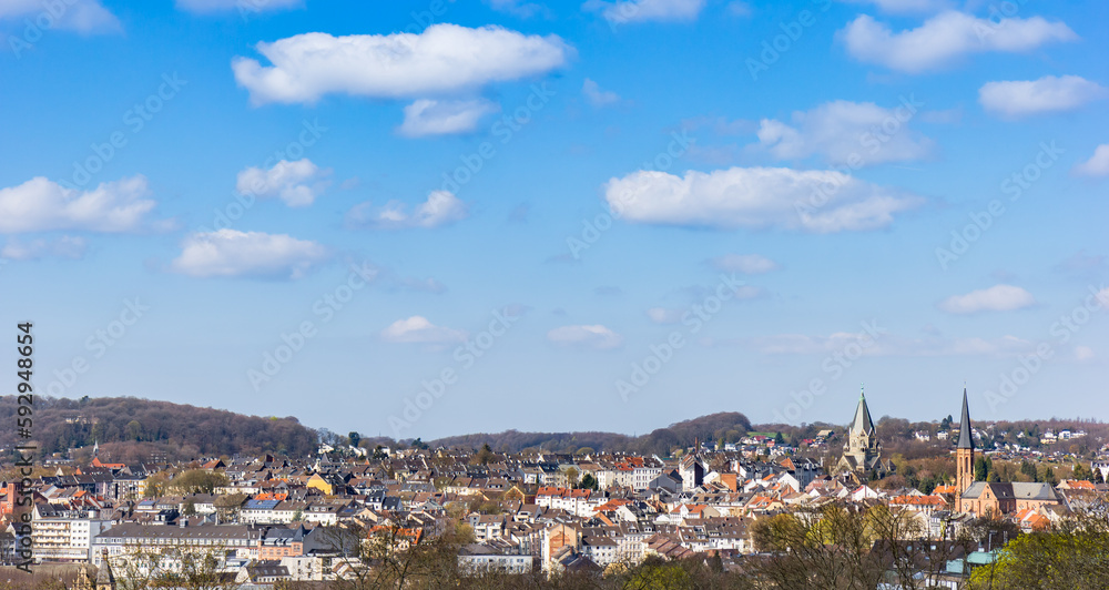 Skyline of the historic city center with church towers in Wuppertal, Germany