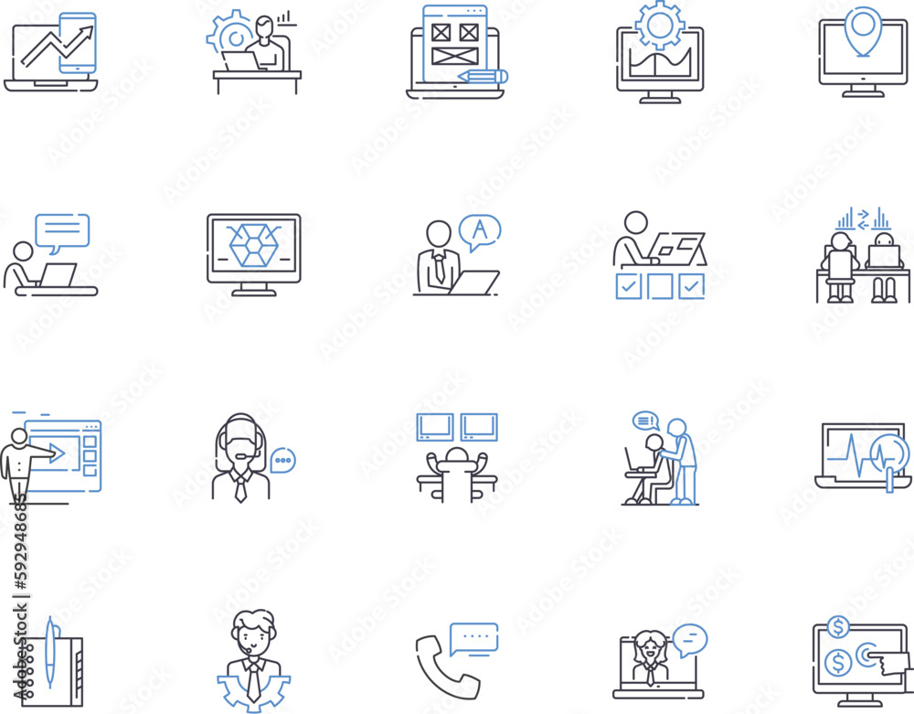 Workplace outline icons collection. Job, Office, Building, Desk, Employee, Team, Environment vector and illustration concept set. Supervisor, Floor, Meeting linear signs Workplace outline icons collection. Job, Office, Building, Desk, Employee, Team, Environment vector and illustration concept set. Supervisor, Floor, Meeting linear signs