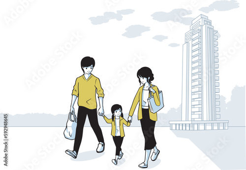 Parents holding hands with their daughter walking with a tower apartment in the background.Residential tower apartment.High rise apartment.