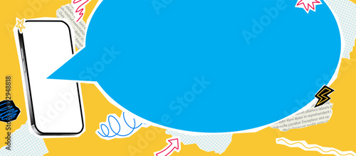 Collage with phone and speech bubble. Vector illustration with halftone elements for decoration of advertising, promotion or announcing events. Retro banner concept with cut out paper elements.