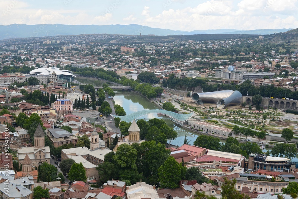 Aerial view of Tsiblisi, the capitol of Georgia, here seen with the Kura river