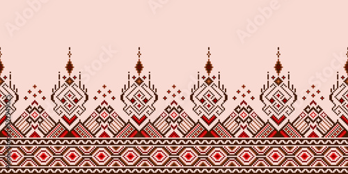 Cross Stitch and Pixel Ethnic Patterns Bring Vibrant Style to Fabrics, Sarees, and Ikat Designs, Red color cross stitch. Traditional Design. photo