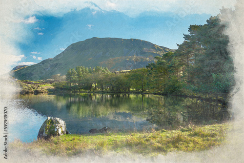 Digital watercolour painting of Penygader, and Cadair Idris during autumn in the Snowdonia National Park, Dolgellau, Wales.