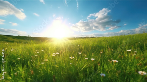 Serene Green Field with Flowers Against Blue Sky