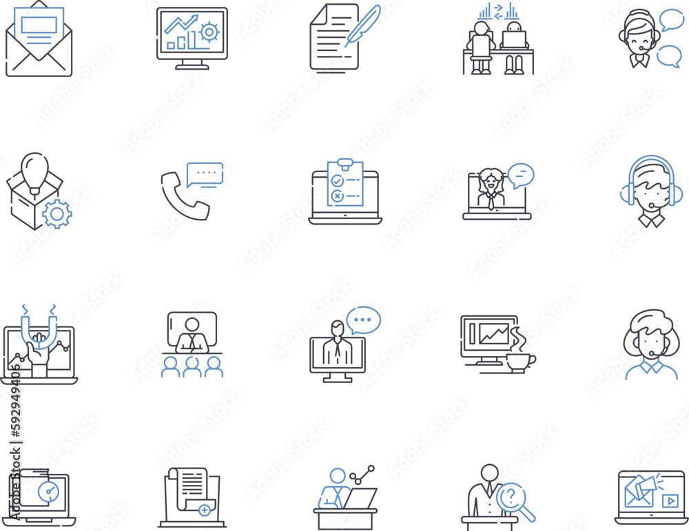 Work from home outline icons collection. Home-based, telecommuting, freelancing, remote, job, flexible, virtual vector and illustration concept set. employment, office, contractor linear signs Work from home outline icons collection. Home-based, telecommuting, freelancing, remote, job, flexible, virtual vector and illustration concept set. employment, office, contractor linear signs