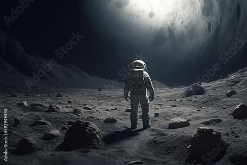 An astronaut walks on the surface of the moon. Environment rendering. Generative AI. photo