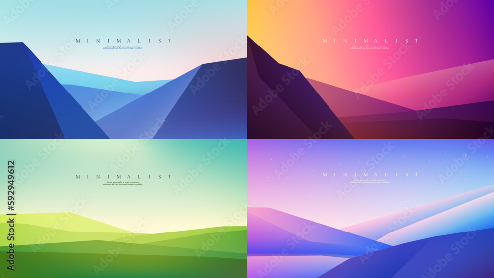 Vector illustration. Abstract background. Minimalist style. Flat concept. 4 landscapes collection. Website template. UI design. Meadow, hills, evening scene. Vacation travel concept. Website template
