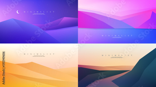 Vector illustration. Abstract background. Minimalist style. Flat concept. 4 landscapes collection. Website template, web banner. UI design. Graphic digital wallpapers. Evening, hills by water, desert