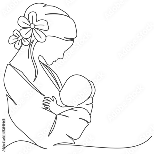 Mothers day line art style vector illustration, mother and child line art illustration