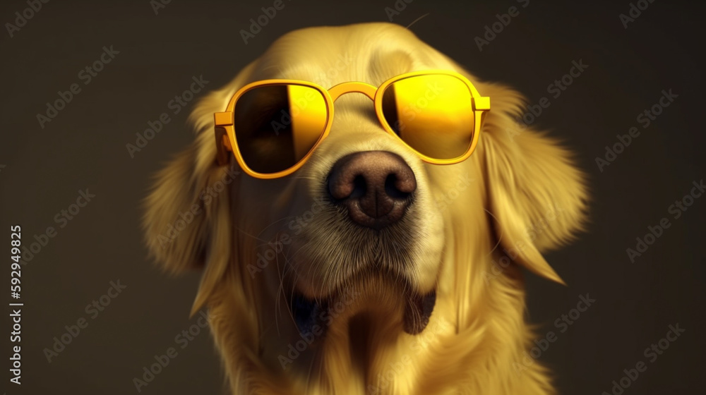 A funny dog ​​dressed sunglasses on the yellow or illuminating background