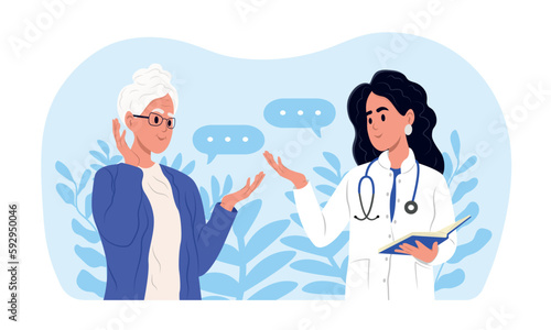 World Parkinson's disease day. A doctor informs an elderly woman about Parkinson's disease. Parkinson's Disease awareness month.
