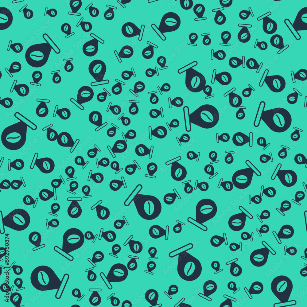 Black Location with coffee bean icon isolated seamless pattern on green background. Vector