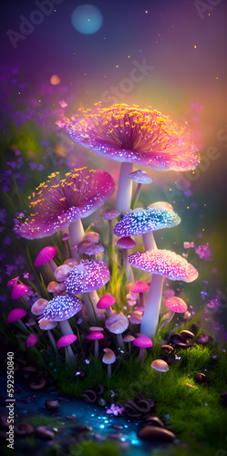 Colorful spring flowers and mashrooms. AI generated illustration © vector_master