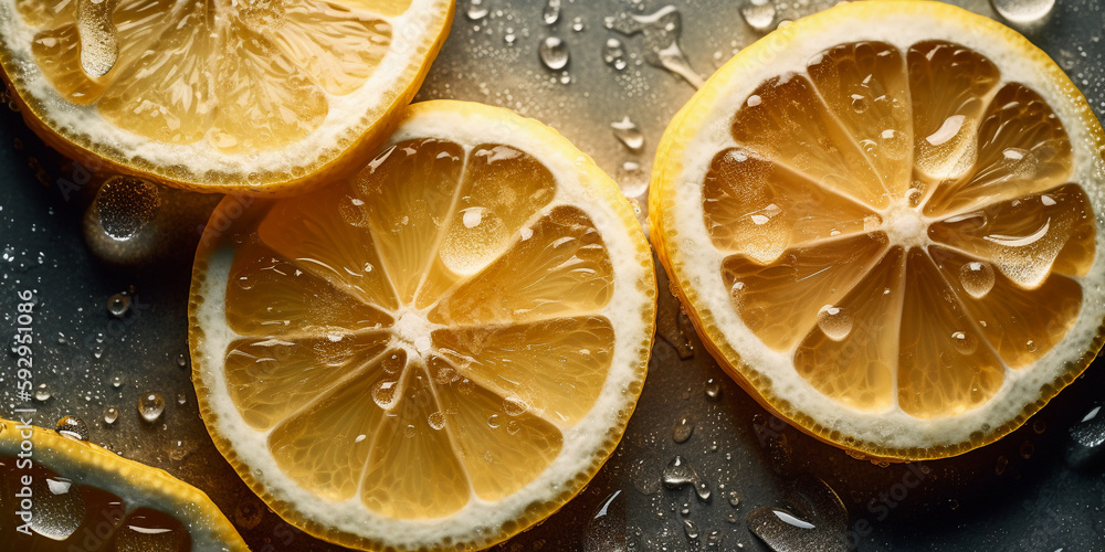 fresh and sour lemon slices with water drops, top view wallpaper, created with generative ai fresh and sour lemon slices with water drops, top view wallpaper, created with generative ai
