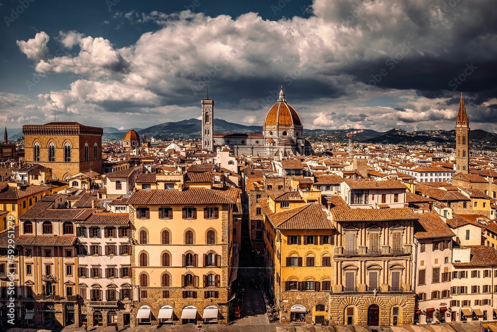 Aerial view of cityscape surrounded by buildings in Florence