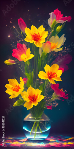 Colorful spring flowers in glass vase. AI generated illustration