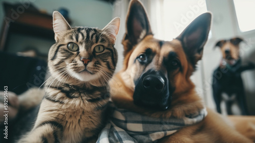 Hund und Katze machen ein Selfie in Klamotten, Portrait