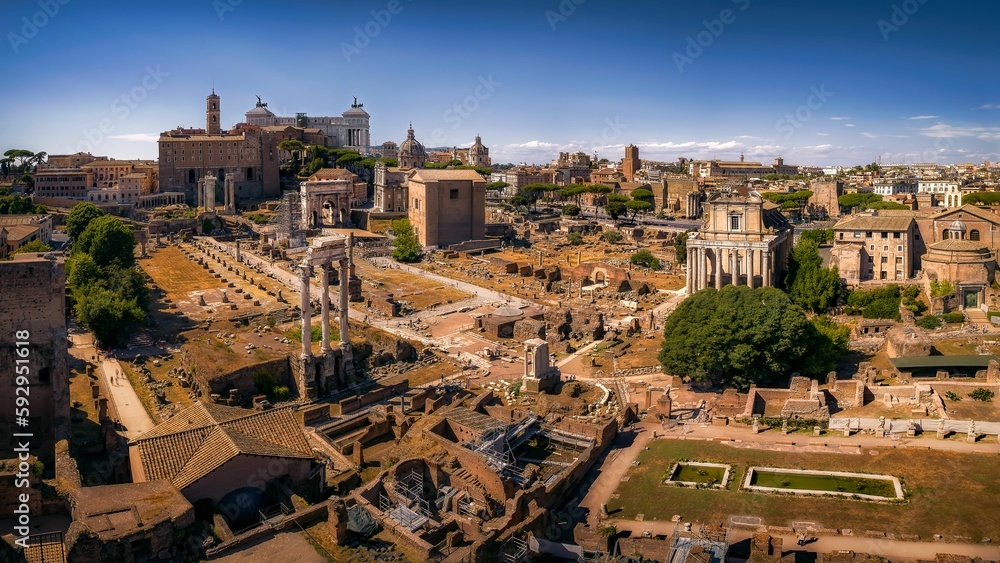 High-angle of the Roman Forum museum on a sunny day with clear sky in the background
