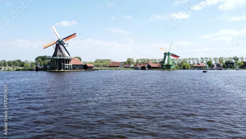 Boat POV, Zaanse Schans Windmills by the river