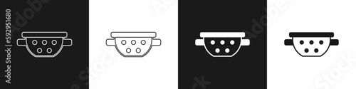Set Kitchen colander icon isolated on black and white background. Cooking utensil. Cutlery sign. Vector