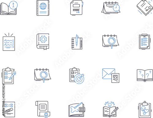 Publishing outline icons collection. Printing, Distribution, Authoring, Editing, Subscribing, Merchandising, Marketing vector and illustration concept set. Promoting, Submitting, Illustrating linear