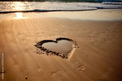A heart on the beach  a symbol of summer love  water strands from the sea
