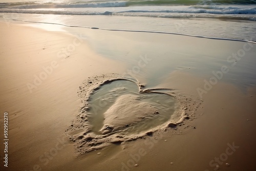 A heart on the beach, a symbol of summer love, water strands from the sea