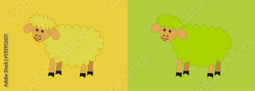 Young and cute sheep in profile on a yellow and green background - vector