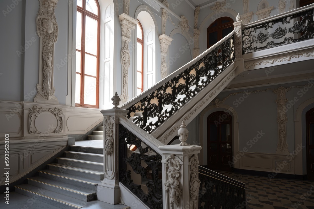 baroque staircase leading to the upper floor, with ornate balusters and