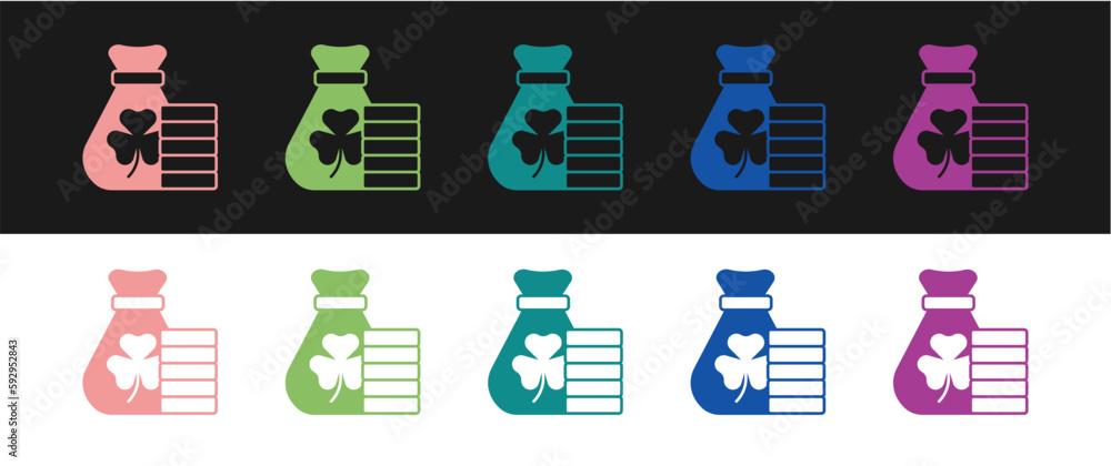 Set Money bag with clover trefoil leaf icon isolated on black and white background. Happy Saint Patricks day. National Irish holiday. Vector Set Money bag with clover trefoil leaf icon isolated on black and white background. Happy Saint Patricks day. National Irish holiday. Vector
