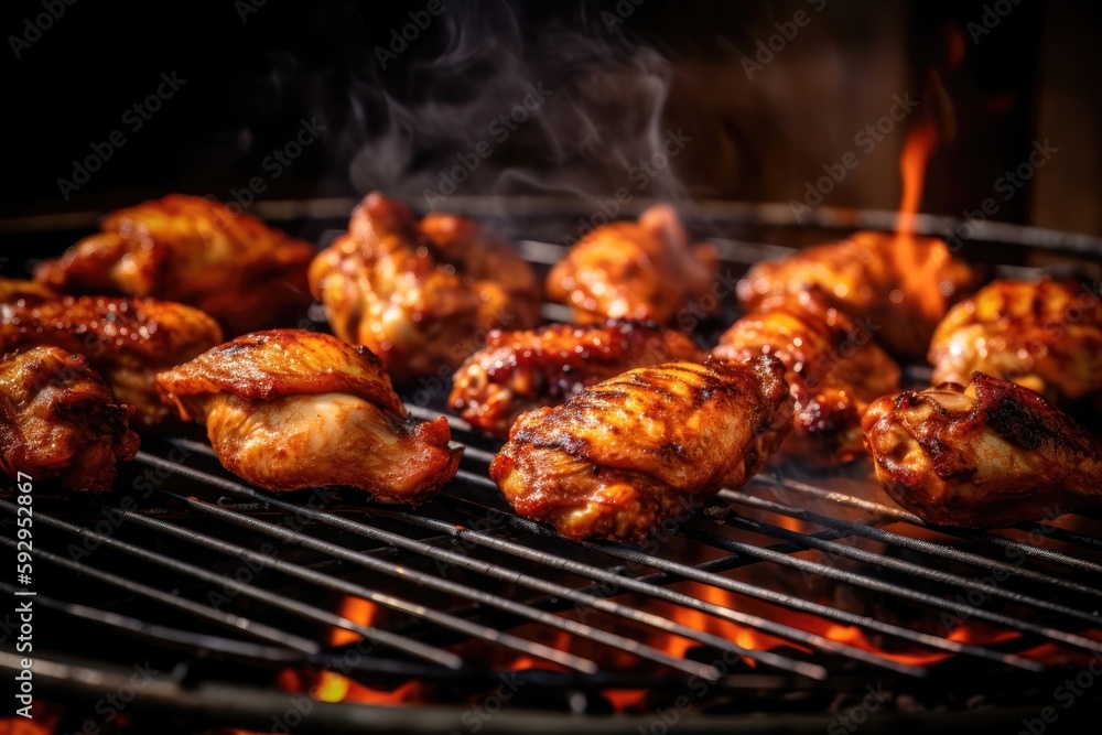 Chicken legs and wings on the grill with flames. AI generated Chicken legs and wings on the grill with flames. AI generated