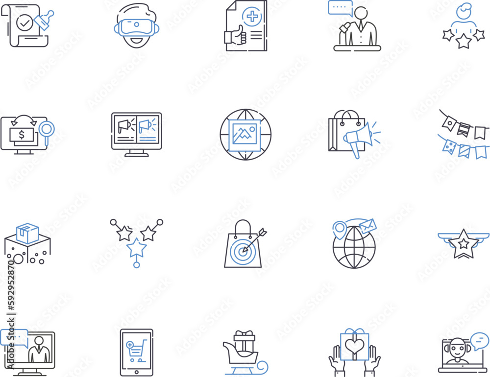 Advertising outline icons collection. Promotion, Branding, Publicity, Media, Placement, Campaign, Reach vector and illustration concept set. Audience, Visibility, Exposure linear signs