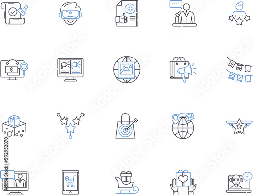 Advertising outline icons collection. Promotion, Branding, Publicity, Media, Placement, Campaign, Reach vector and illustration concept set. Audience, Visibility, Exposure linear signs