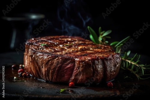 Grilled beef steak on a dark background. AI generated
